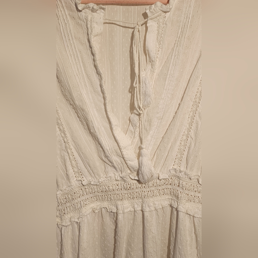 White Lace And Ruffle Embroidered Dress Tie Front Tassels Coastal Cowgirl - Picture 4 of 6